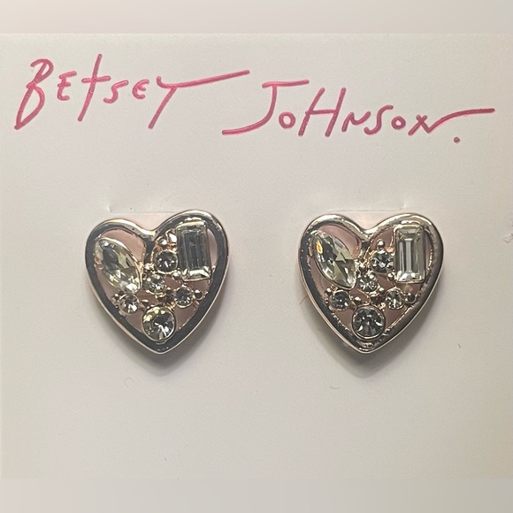 Betsey Johnson Silver & Rose Gold Heart Earrings with Sparkling Stones 💎 - Picture 1 of 3